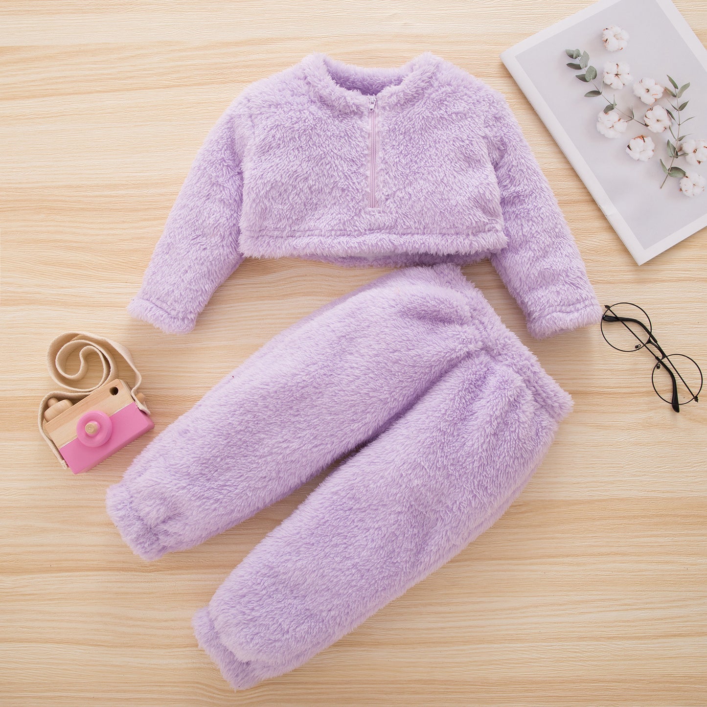 Girls' Solid Color Flannel Pullover Plush Trousers Suit