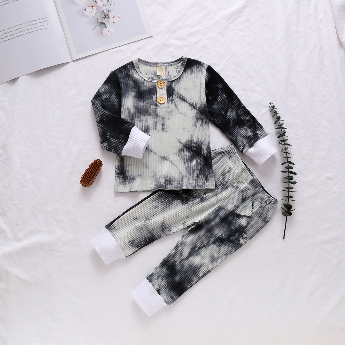 Two-piece Tie-dye Three-color Pit Strip Long-sleeved Top And Trousers