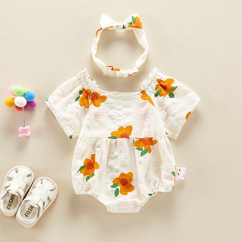 Short Sleeve Romper Baby Bodysuit Headband Triangle Romper