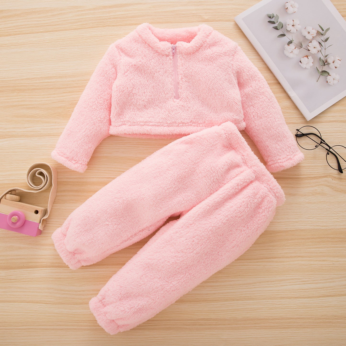 Girls' Solid Color Flannel Pullover Plush Trousers Suit