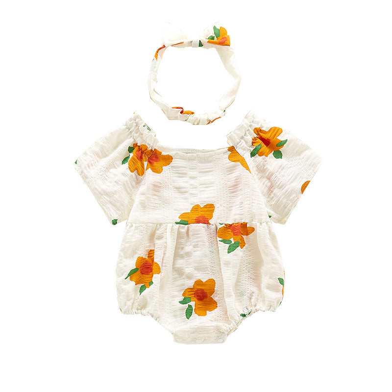 Short Sleeve Romper Baby Bodysuit Headband Triangle Romper