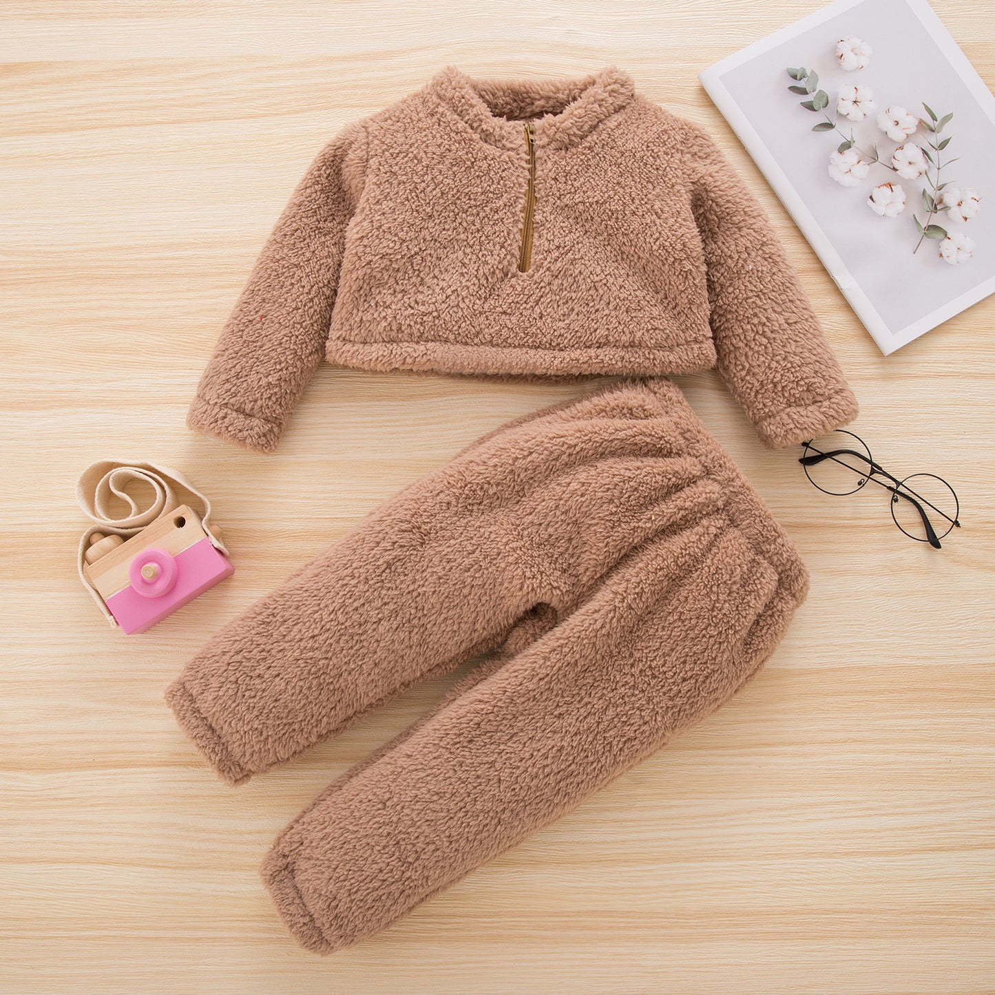 Girls' Solid Color Flannel Pullover Plush Trousers Suit