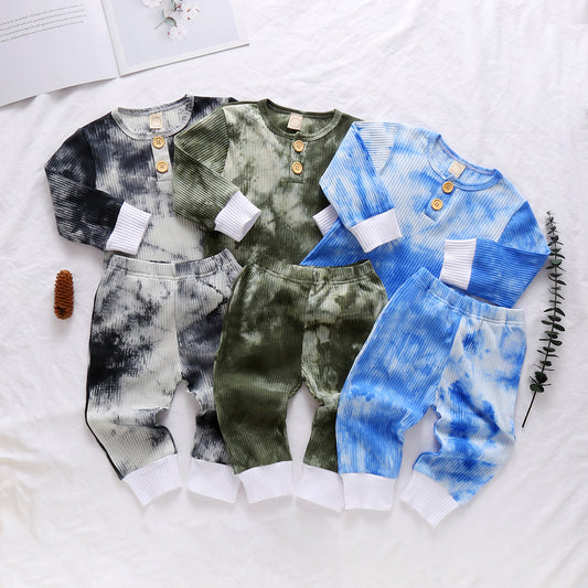 Two-piece Tie-dye Three-color Pit Strip Long-sleeved Top And Trousers