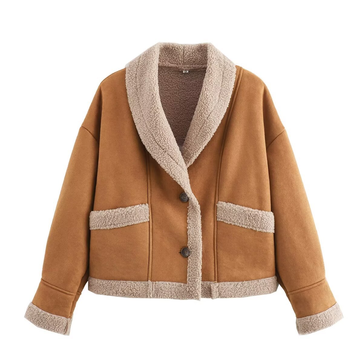 Lapel Woolen Coat With Pockets Winter Fashion Loose Suede Short Top Women's Clothing