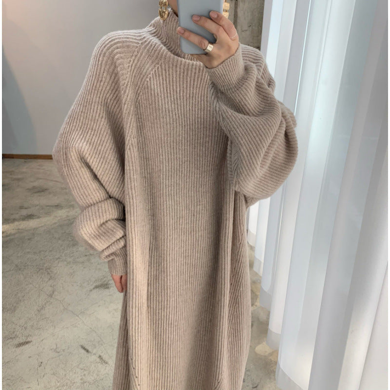 Raglan Sleeve Sunken Stripe Straight Knitted Dress Sweater