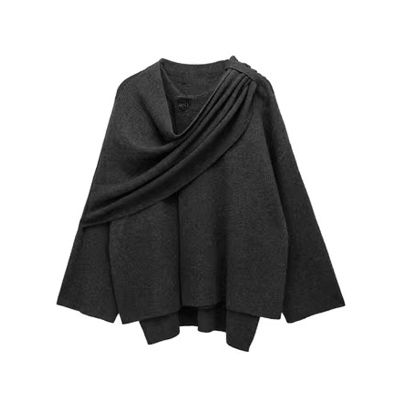 Solid Knitted Cardigan With Asymmetrical Scarf Design Fashion Short Coat Women Overcoat Jacket Winter