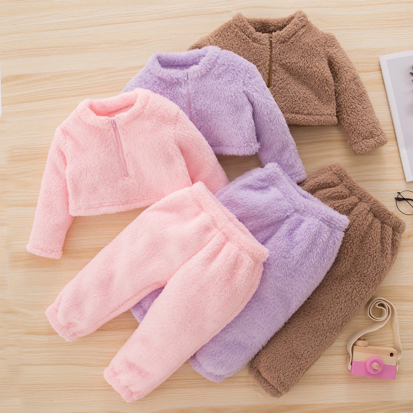 Girls' Solid Color Flannel Pullover Plush Trousers Suit